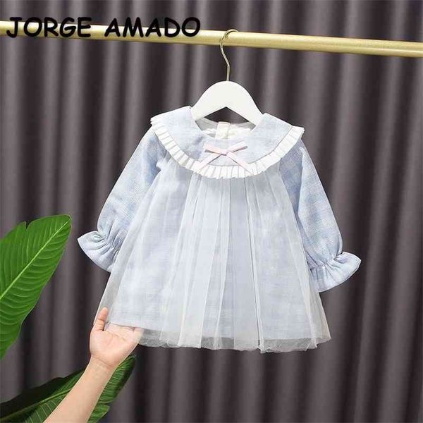 

spring kids girls dress plaid long puff sleeves turn-down collar lady style princess children clothes e1118 210610, Red;yellow