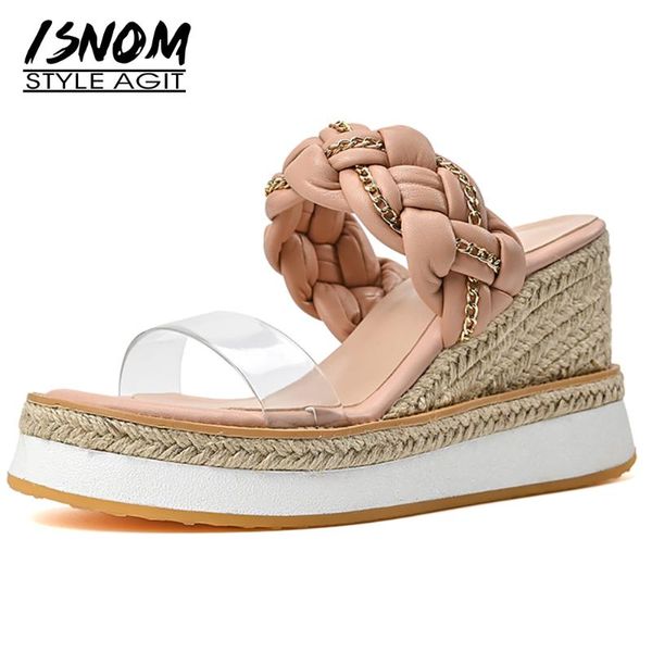 

isnoms women wedges slippers transparent pvc thick high heels shoes round open toe slip on slides fashion ladies weave mules, Black