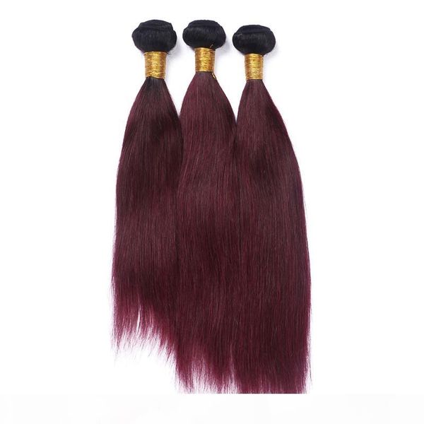

burgundy ombre human hair extensions double wefts straight 1b 99j dark root wine red ombre brazilian virgin human hair weaves 3 bundles lot, Black;brown