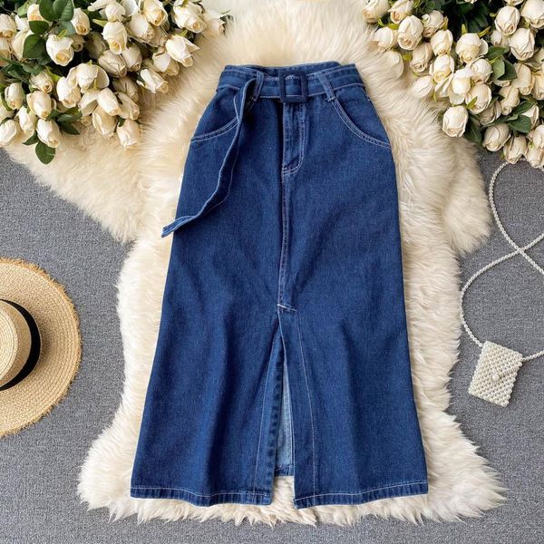 

skirts foamlina women's denim skirt 2021 spring fashion belted high waist pockets front split mid-calf casual female jeans, Black