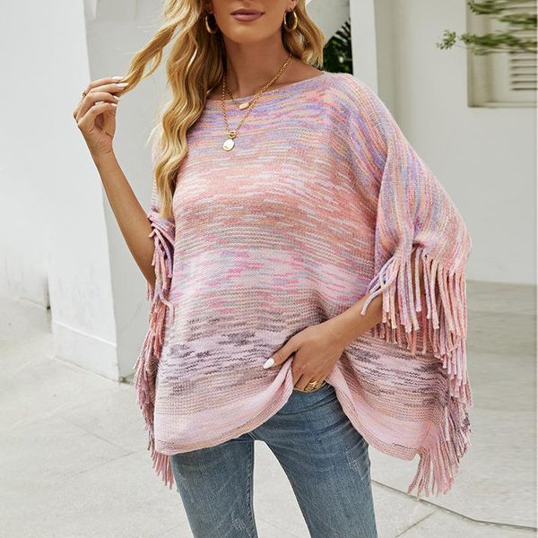 

men's sweaters 2021 autumn and winter european american shawl cloak sweater striped fringed hem coat women, White;black