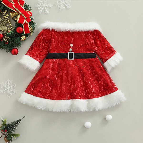 Natal crianças se lantejouva vestido longo manga fora do vestido de strass com cinto de cintura crianças roupas g1026