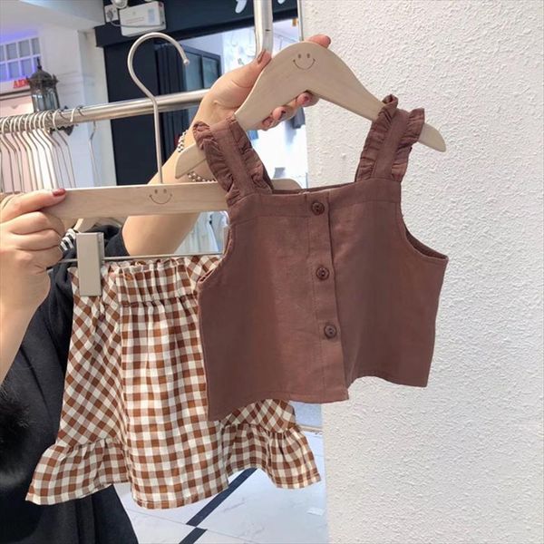 

cute suit girls sleeveless tank plaid skirt two piece summer clothes korean style set toddler, White