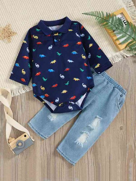 

baby dinosaur print polo neck bodysuit & ripped jeans she, White