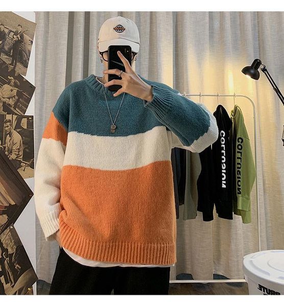 

men's sweaters men spring and autumn sweater fashion personalized loose pullover color matching round neck joining together cotton 2021, White;black