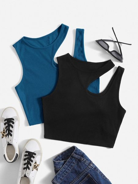 

2pcs solid asymmetrical neck tank a0ls#, White