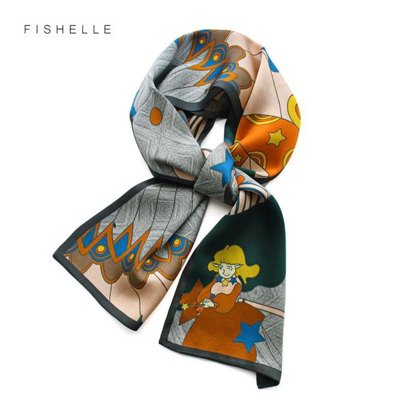 

scarves cartoon girl painting 100% silk grey scarf women luxury hair towel for girls brand hijab headband ribbon handkerchief, Blue;gray