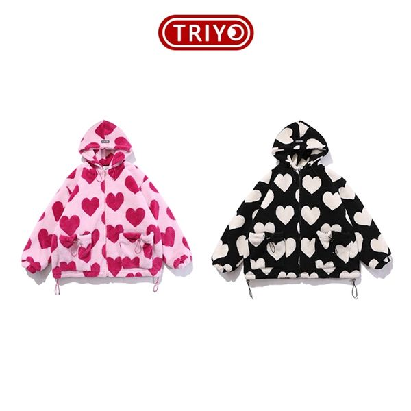 

heart print jacket women for valentine's day winter zipper hooded flannel parka harajuku lambswool sherpa streetwear couple coat 210922, Black;brown