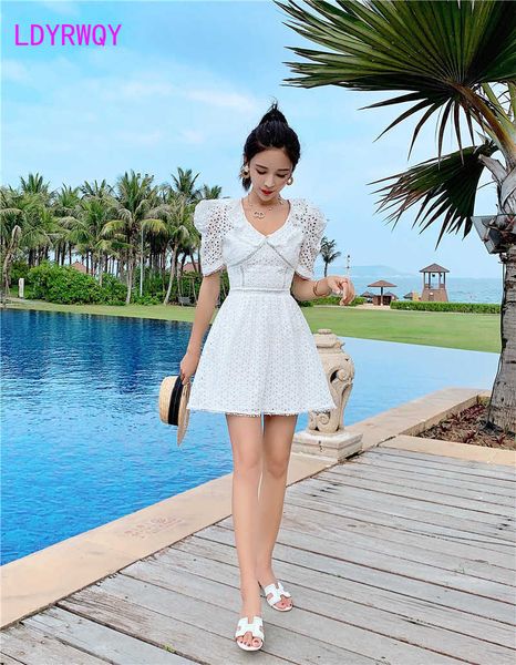 

[ldyrwqy] summer white hollow lace v-neck dress knee-length sheath office lady solid short zippers 210603, Black;gray