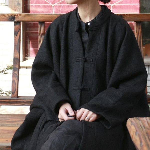 

women's wool & blends 2021 fall old clay original niche retro collar button super strong milling coat, 1254, Black