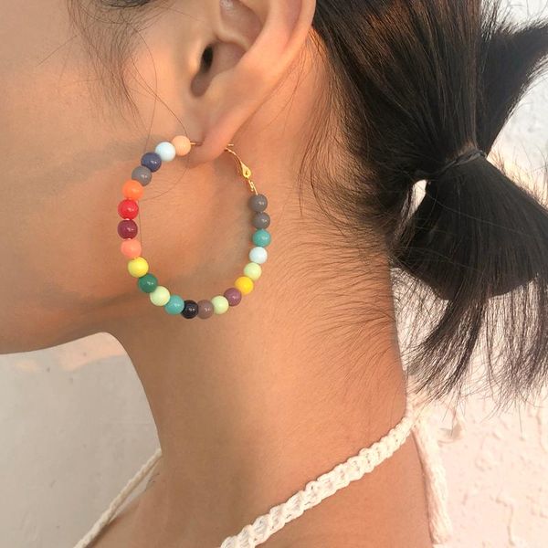 

hoop & huggie lalynnly beads colorful earrings for women girls fashion round trendy acrylic statement jewelry party gifts e9815, Golden;silver