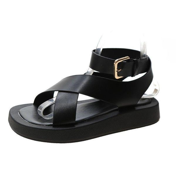 

sandals women genuine leather 2021 summer clip toe ladies roman shoes muffin, Black