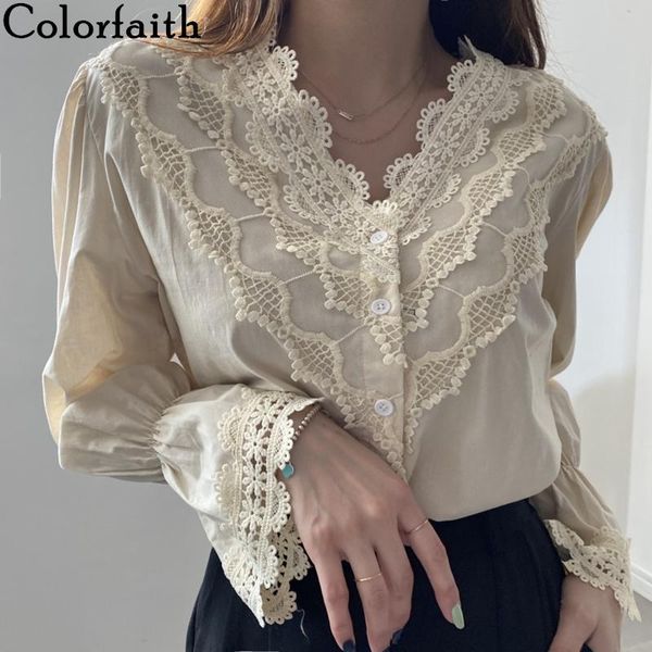

women's blouses & shirts colorfaith 2021 women autumn winter blouse v-neck lace up pagoda sleeve korean style elegant lady wild bl0775, White
