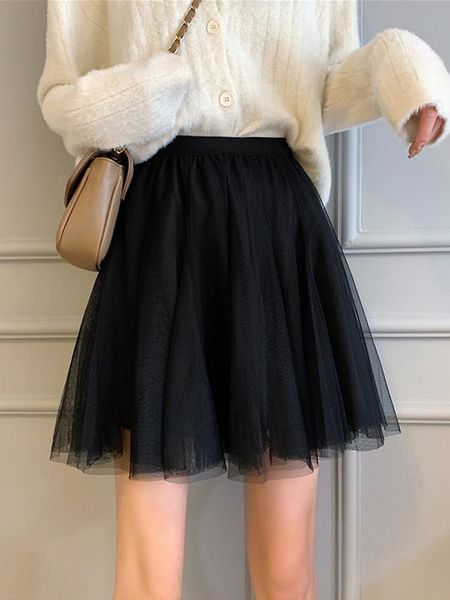 

skirts 2021 spring women mini skirt korean mesh high elastic waiste solid black tulle clothing