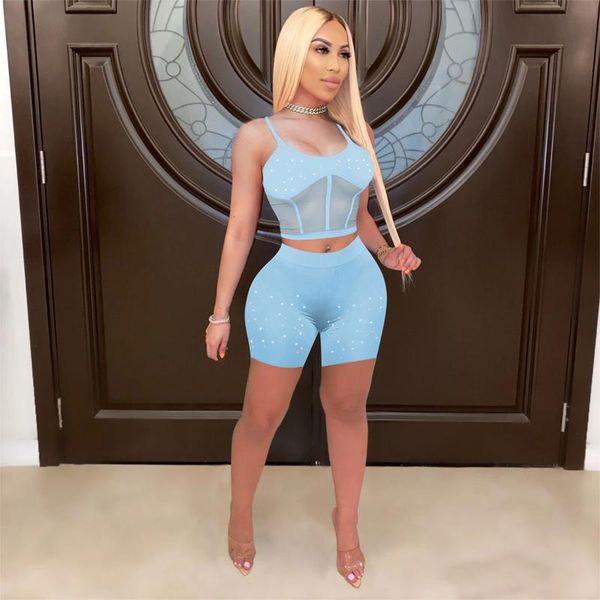 

women's tracksuits 2021 arrival 2 pcs mesh women set solid spaghetti strap short and shorts summer outfits, Gray