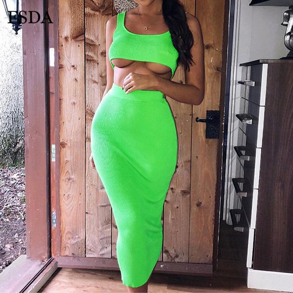 

summer neon two piece set sleeveless backless crop and midi skirt bodycon solid casual women party sethigh quality, White