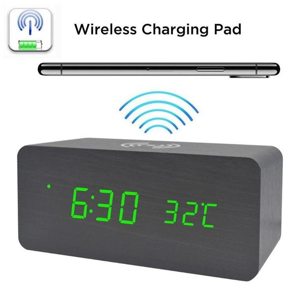 

wooden electric alarm clock with wireless charging pad led digital charger for bedroom home decoration sound control clocks