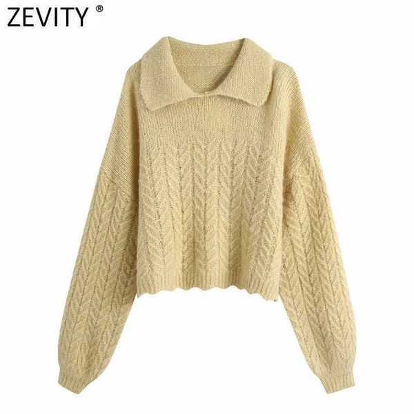 ZEVITY Bayan Moda Dönüş Yaka Katı Patchwork Örgü Kazak Kadın Fener Kollu Casual Chic Kazaklar Tops S521 210603