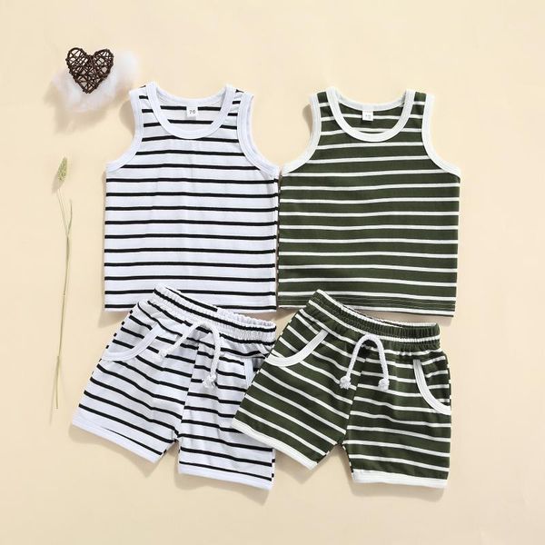 

clothing sets 2pcs baby boy summer outfits striped print sleeveless tank + elastic waist shorts set, White