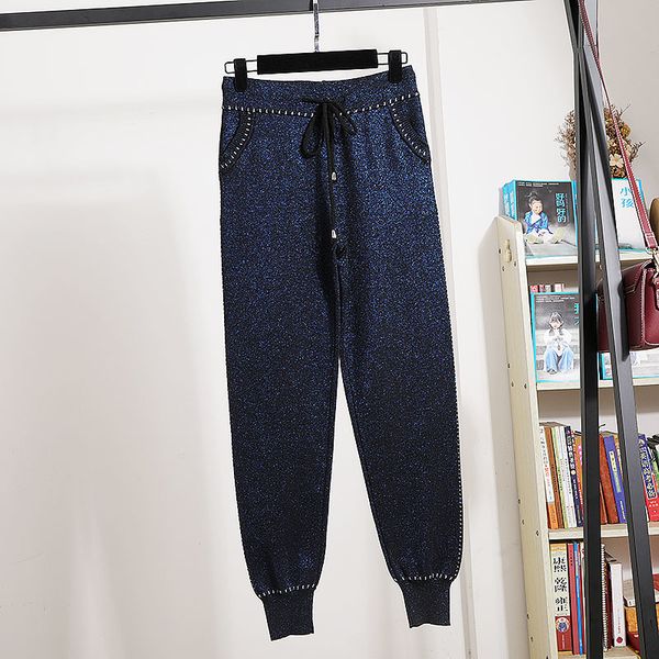 

navy blue bright silk tracksuits knitted set women vintage cardigan sweater long pants two piece outfits female loose knit suit cxb8