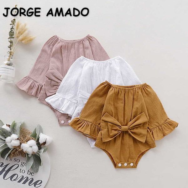 

spring baby girl bodysuit solid color long ruffles sleeves bow jumpsuit cute fashion born clothes e8901 210610, Blue