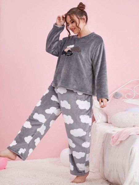

plus clouds and letter pattern flannel pj set j5iq#, Black;white