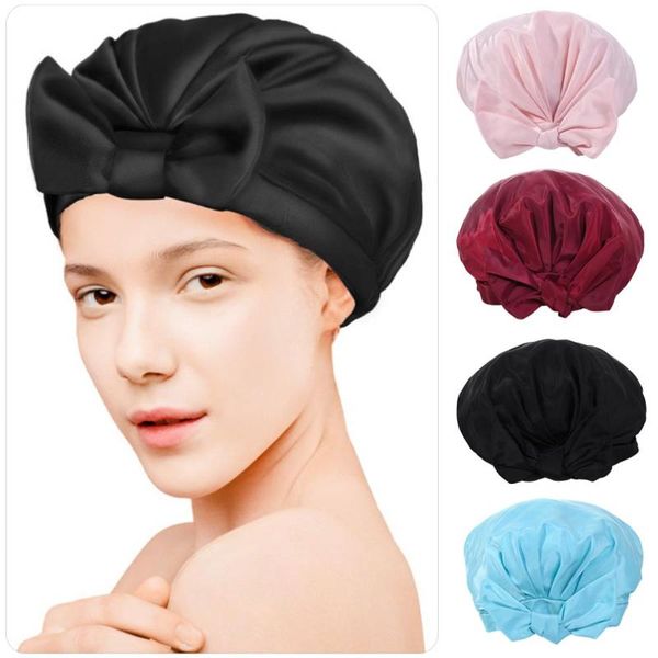 

shower caps silk salon bowknot bonnet women reusable convenient bath towel sleep hair dry quick adjustable elastic spa