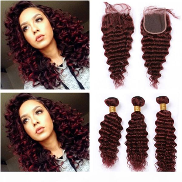 

wine red human hair bundles and closure brazilian deep wave curly 99j weaves burgundy virgin hair 3 bundles with lace closure 4x4, Black;brown