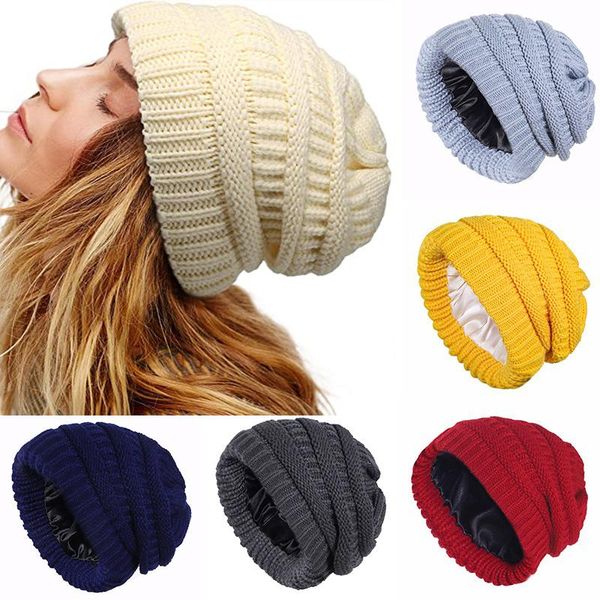 

berets womens satin lined winter beanie hats cable knit for men silk lining thick chunky cap soft stretch slouchy warm hat, Blue;gray