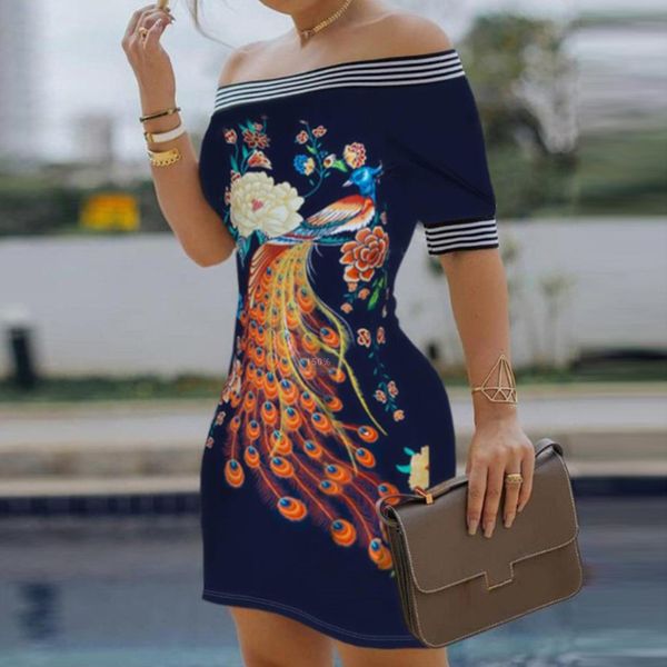 

slash neck short sleeve party dress women cartoon print off shoulder elegant office lady mini dresses vestidos, Black;gray