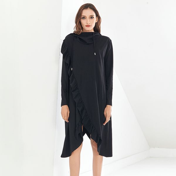 

black sweatshirt for women hooded collar long sleeve patchwork ruffles a line split female 2021 autumn clothing