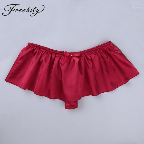 

men's sleepwear silk satin thong sissy crossdress trunk ruffled skirted panties, Black;brown