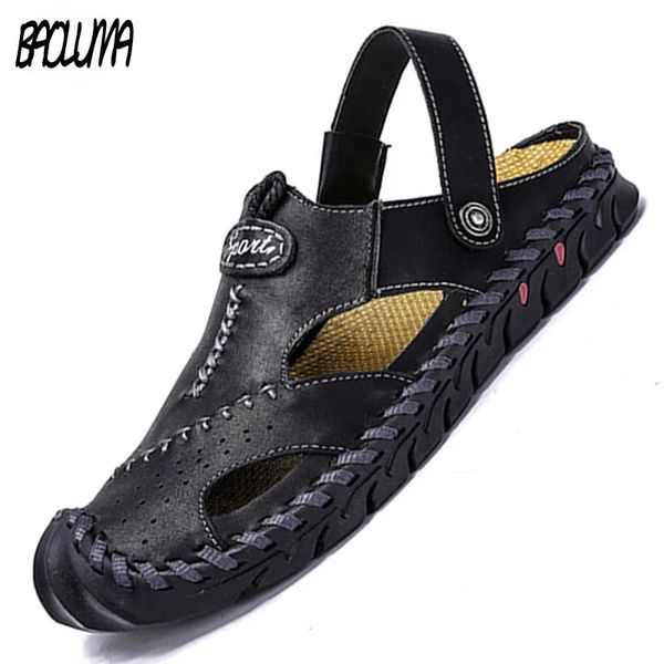 

summer men's sandals genuine leather luxury men slippers roman designer men's sandals soft man outdoors shoes plus size 47 48, Black