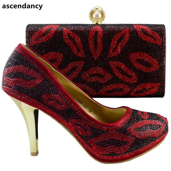 

dress shoes wine color matching women shoe and bag set decorated with rhinestone italian african for party, Black