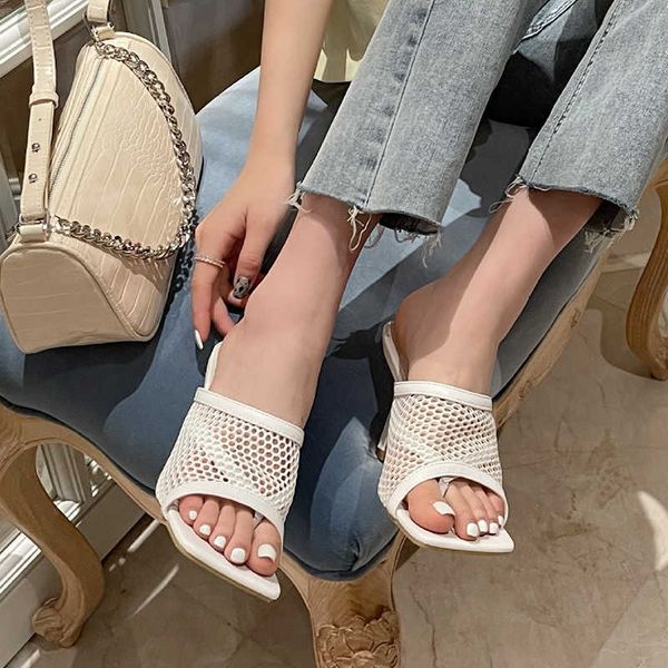 

rimocy women summer transparent mesh sandals fashion square toe high heel slippers woman black white party ladies shoes 210528