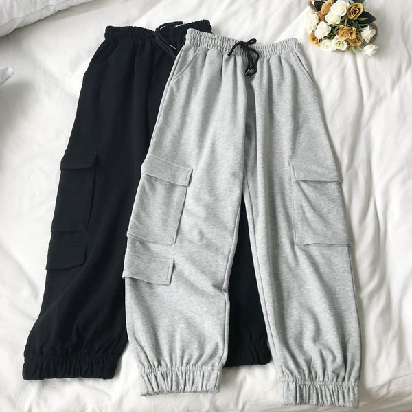 

2021 new large pocket overalls sweatpants spring solid slim loose casual elastic waist pants for women bpyp, Black;white