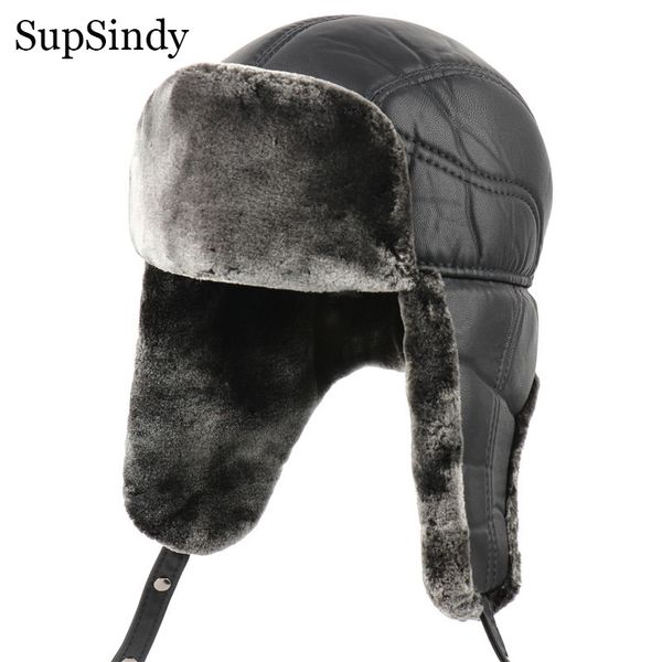 Exército Militar Ushanka Menwomen PU Couro Bombardeiro Do Inverno Chapéu Quente Faux Pele Piloto Earflap Hats Trapper Thermal Snow Caps