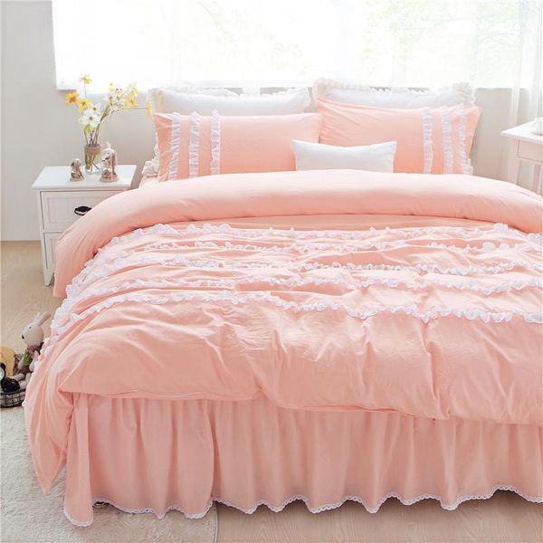 

solid color princess bedding sets luxury 3/4pcs twin full  king size pink cotton bed skirt duvet cover bedspread pillowcase