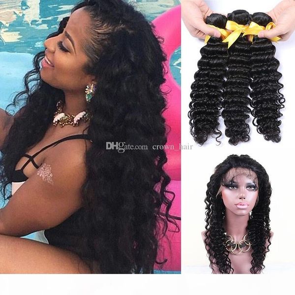 

360 full lace band frontal with 3 bundles brazilian deep wave hair bundles with 360 lace frontal 22.5*4*2 adjustable straps, Black