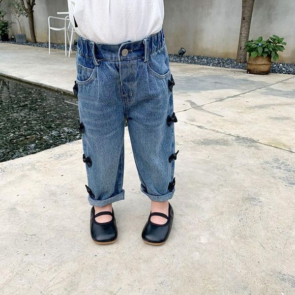 

kids bows denim trousers children princess straight leg full length pant est fashion girls jeans bow pants, Blue