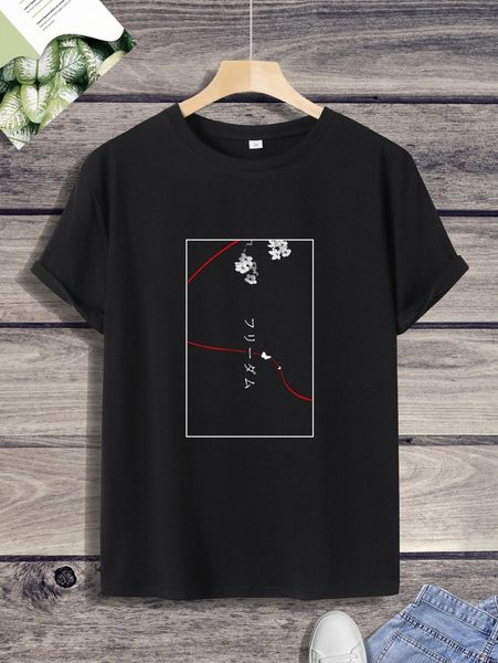 

men floral & japanese letter graphic tee 03ky#, White;black