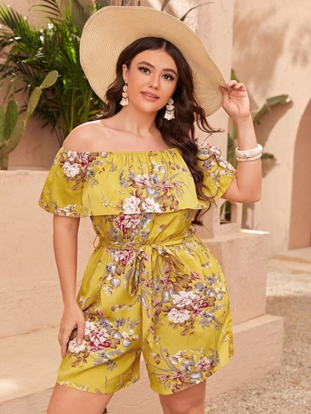 

plus floral print off shoulder belted romper t1r8#, Black
