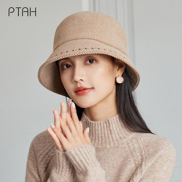 

stingy brim hats [ptah] women soft tweed british style vintage cap temperament gentleman elegant winter warmer fedora knitted beanies, Blue;gray