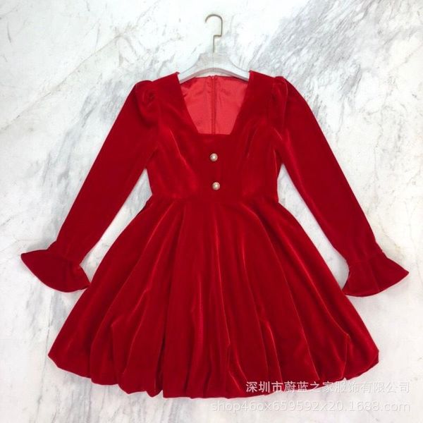 

fashionable western style showily beautiful square collar velvet princess sleeve drill buckle tall waist dress dress, White