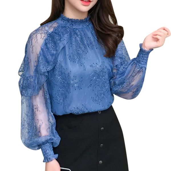 

women blouse lace shirt autumn 2021 new long sleeves lace transparent hollow out flower embroidery female blusa 603j, White