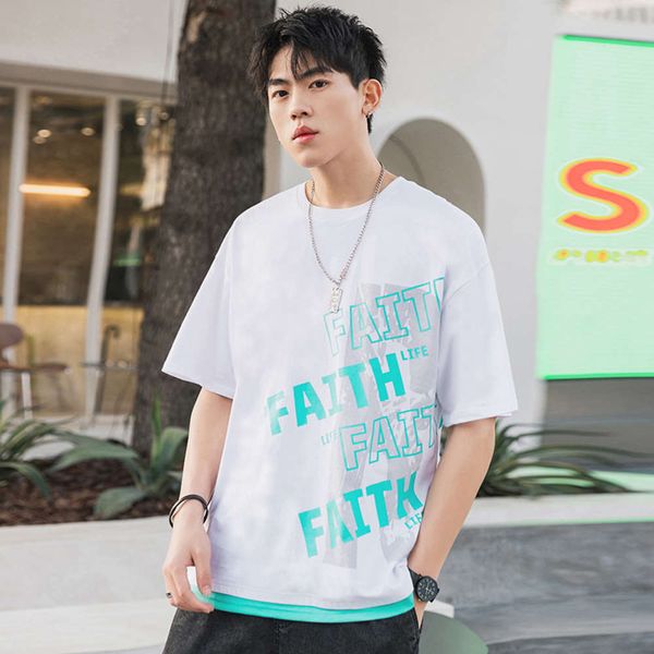 

cotton t-shirt short sleeve men's summer wear new fashion brand men's half sleeve fake two piece print loose t-shirt men's bo, White;black