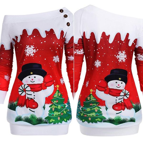 

women's hoodies & sweatshirts long sleeve contrasting color printing christmas slanted shoulder button sweatshirt red, Black