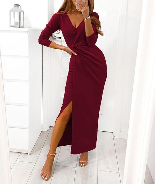 

casual dresses elegant women maxi evening dress gown party autumn solid color office lady v-neck twist high waist split bodycon, Black;gray
