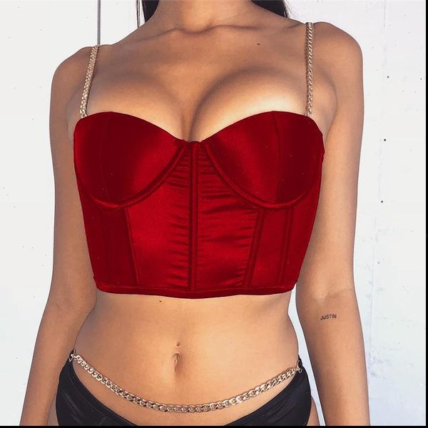 

2021 new elastic satin tank camis women metal chain crop deep v neck padded bodycon bandage tees clubwear, White