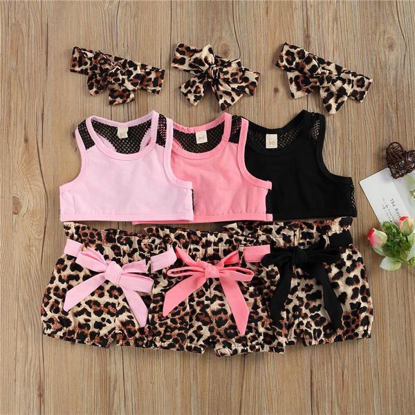 

clothing sets 2021 fashion girl\u2021s clothes solid color sleeveless crop leopard short pants with headband summer outfitd, White